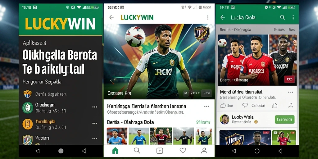 Antarmuka aplikasi LUCKYWIN menampilkan berita dan analisis olahraga bola.